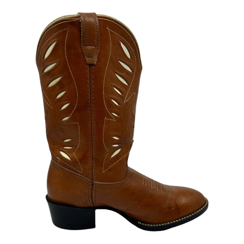 Acme Cowpuncher Western Boots Womens 5D Tan Leather Good Contrast Stitching VTG.